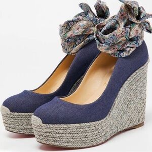 Christian Louboutin Demim Wedge Espadrille with Floral Accent Sz 8 Excellent